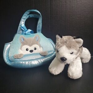 Aurora Mini Flopsie Husky Dog Wolf Plush With Matching Carrying Purse Tote